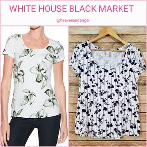 NEW WHBM Short Sleeve Scoop Neck Floral Stripe Printed Tee - Navy Blue &…